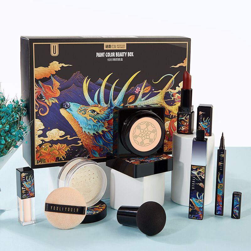 "Beginner makeup essentials kit with brushes, lipstick, foundation, and eyeshadow"