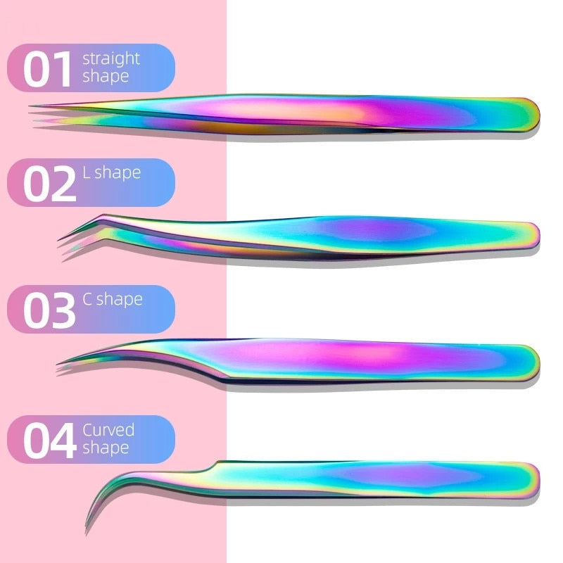 "4 piece lash tweezers set for eyelash extensions and eyebrow grooming"
