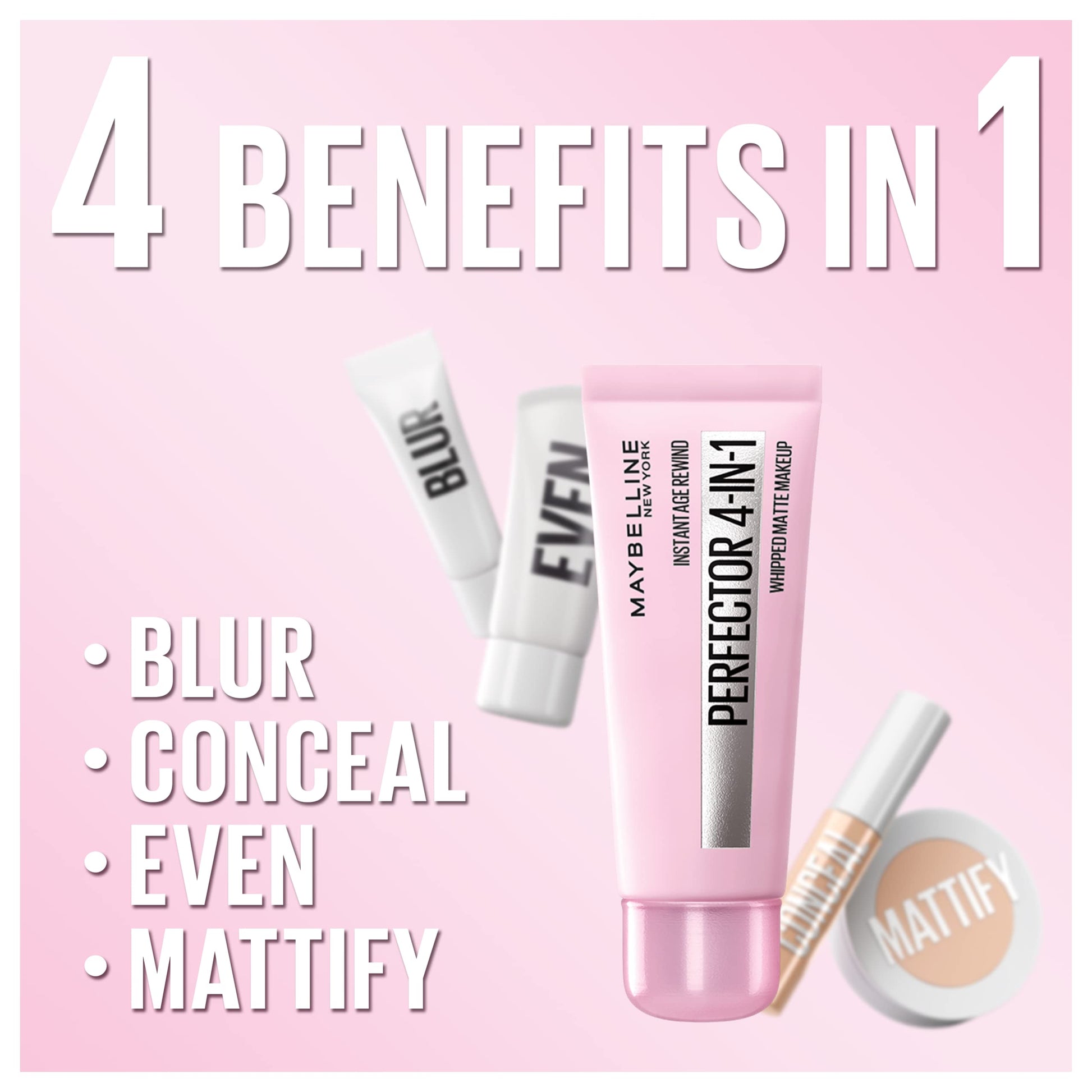Maybelline 4-in-1 matte makeup swatches on skin”:Lightweight formula blends seamlessly with your skin tone